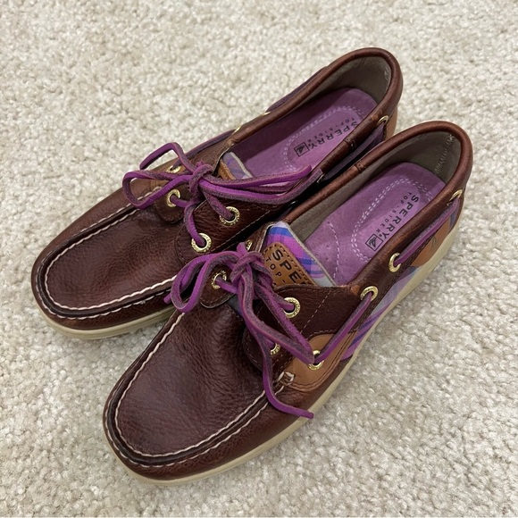 Sperry Women’s Bluefish 5M Purple Plaid 2-Eye Boat Shoe Top Sider Brown Leather, - Picture 12 of 16